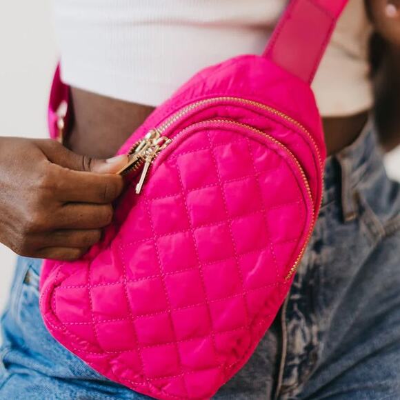 Pinelope Quilted Puffer Puffy Sling Bag Bum Bag Hot Pink Fuchsia - Picture 2 of 3